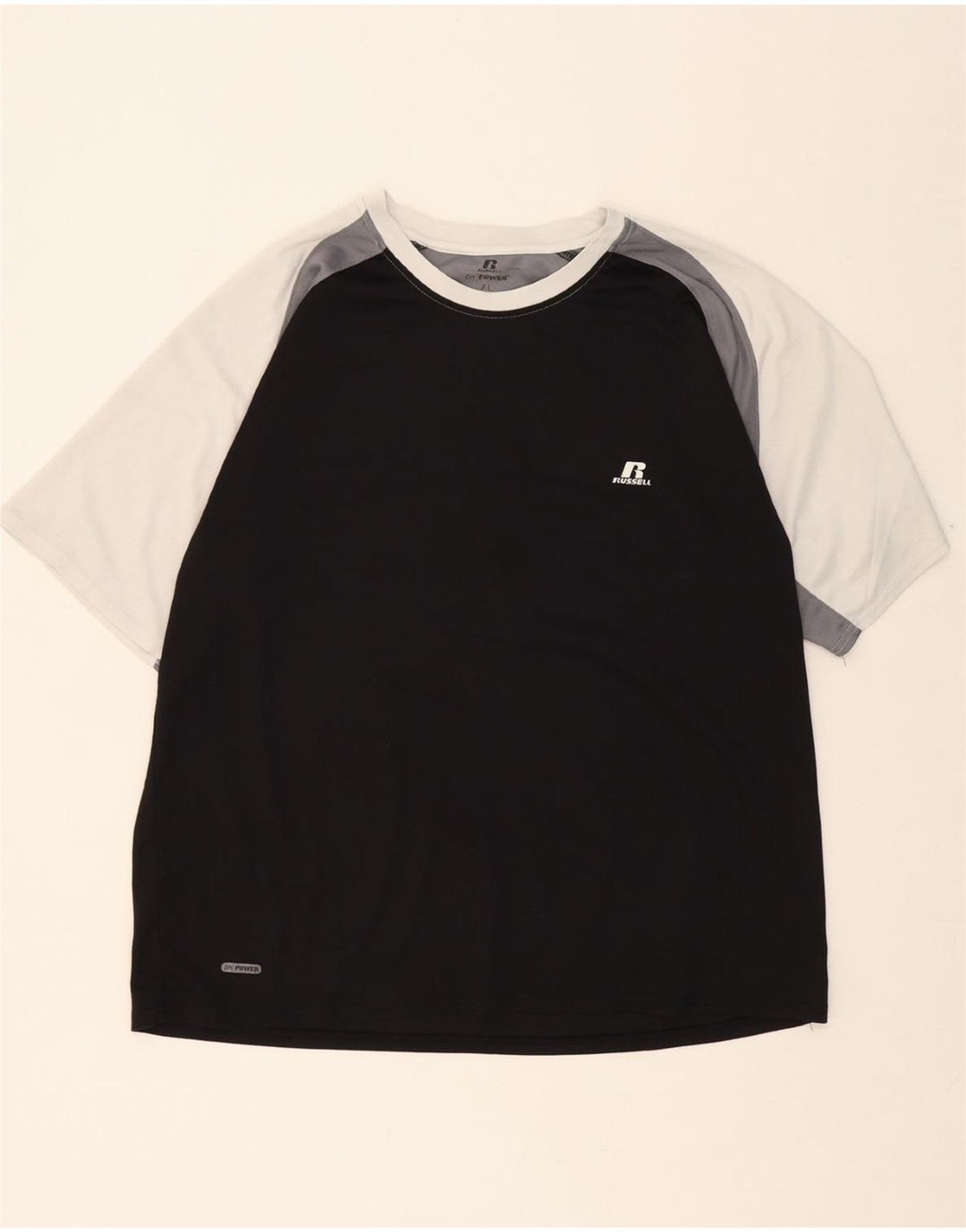RUSSELL ATHLETIC Mens Dri-Power T-Shirt Top XL Black Colourblock Polyester Vintage Russell Athletic and Second-Hand Russell Athletic from Messina Hembry 