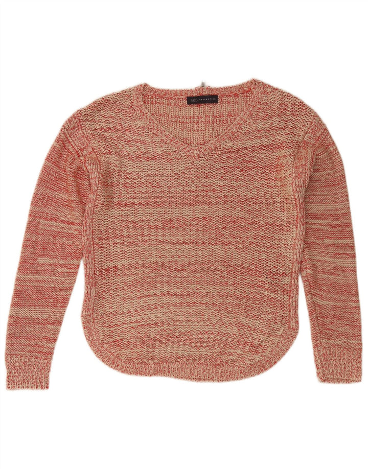 Maglione maglione con scollo a V da donna Marks & Spencer UK 10 piccolo rosso chiazzato