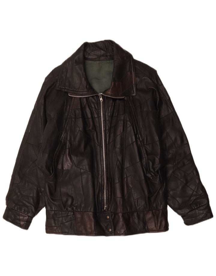 Giacca in pelle vintage da donna UK 20 2XL Patchwork nero