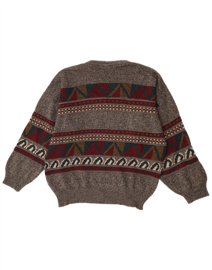Maglione maglione girocollo vintage da uomo XL grigio geometrico