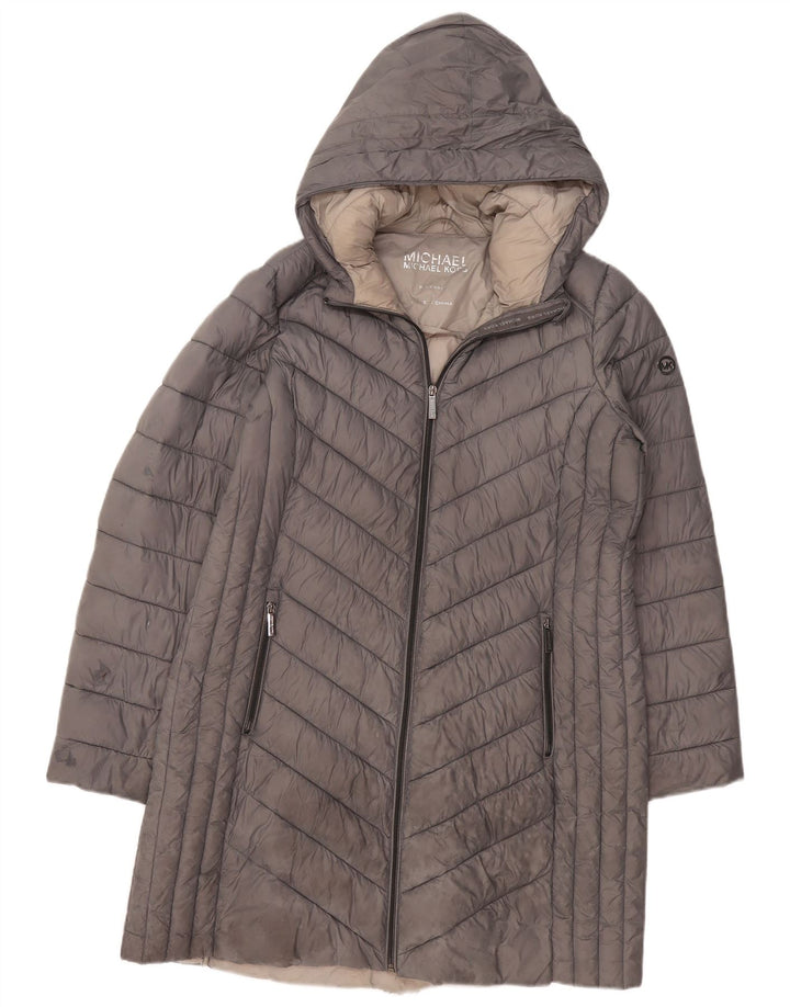 MICHAEL KORS Cappotto imbottito con cappuccio da donna UK 16 Grande nylon grigio