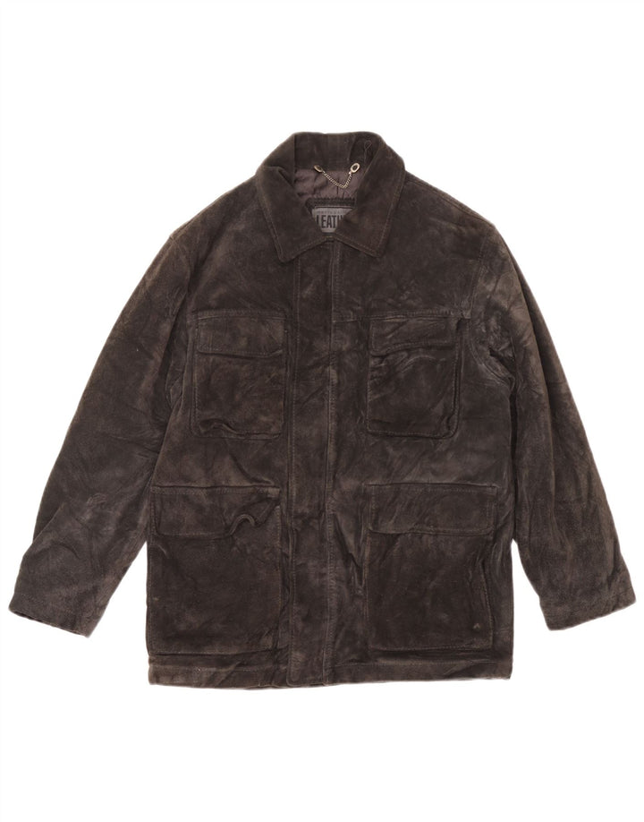 Giacca a vento oversize in pelle scamosciata da donna vintage UK 10 piccola pelle grigia