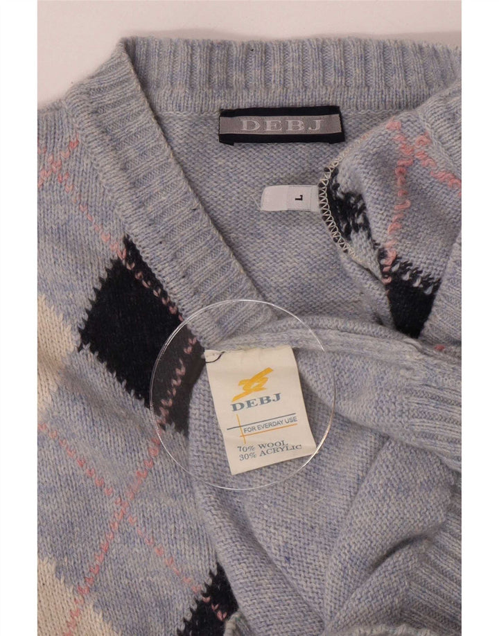 Maglione vintage da uomo con scollo a V, grande lana blu a rombi/diamante