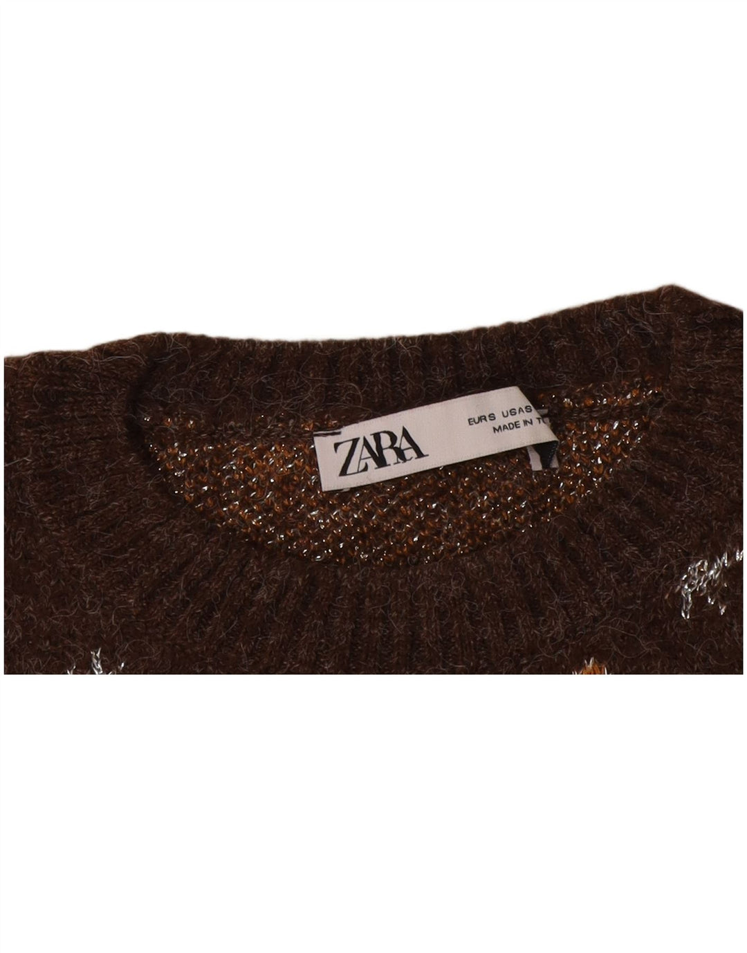 Maglione Zara da donna con scollo a barca e motivo astratto, taglia UK 10, piccolo marrone