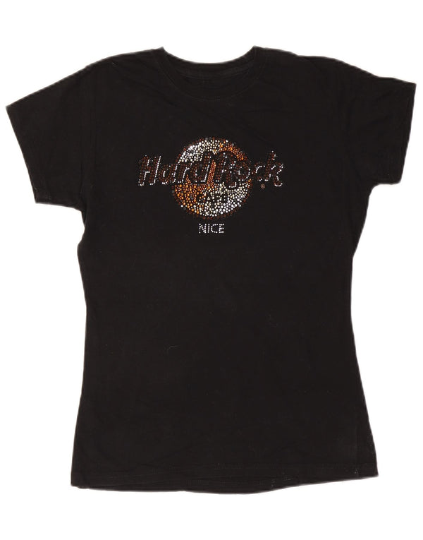 T-shirt grafica bella da donna Hard Rock Cafe UK 12 cotone nero medio