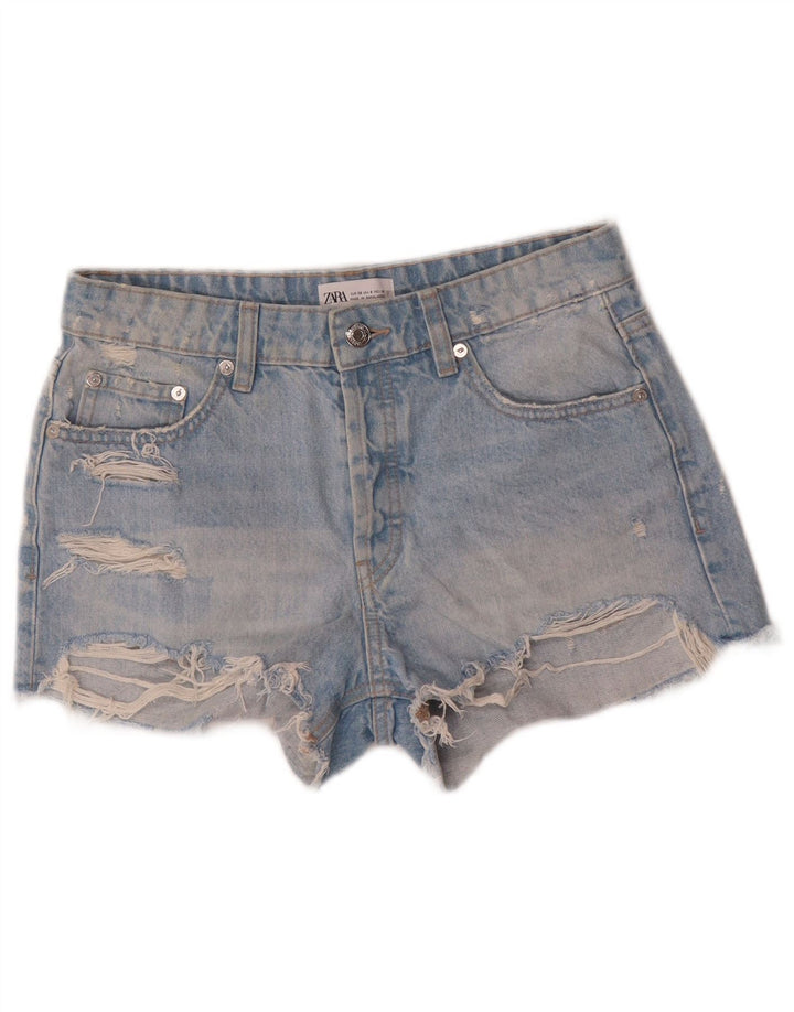 Pantaloncini in denim invecchiato da donna Zara EU 38 piccoli W28 cotone blu
