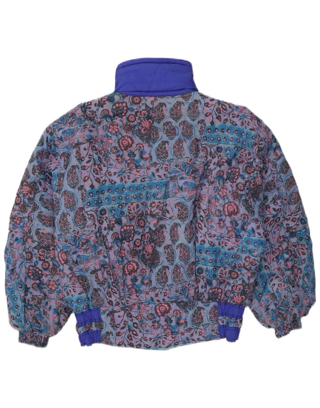 Giacca da sci vintage da donna vestibilità ampia UK 12 poliammide floreale blu medio