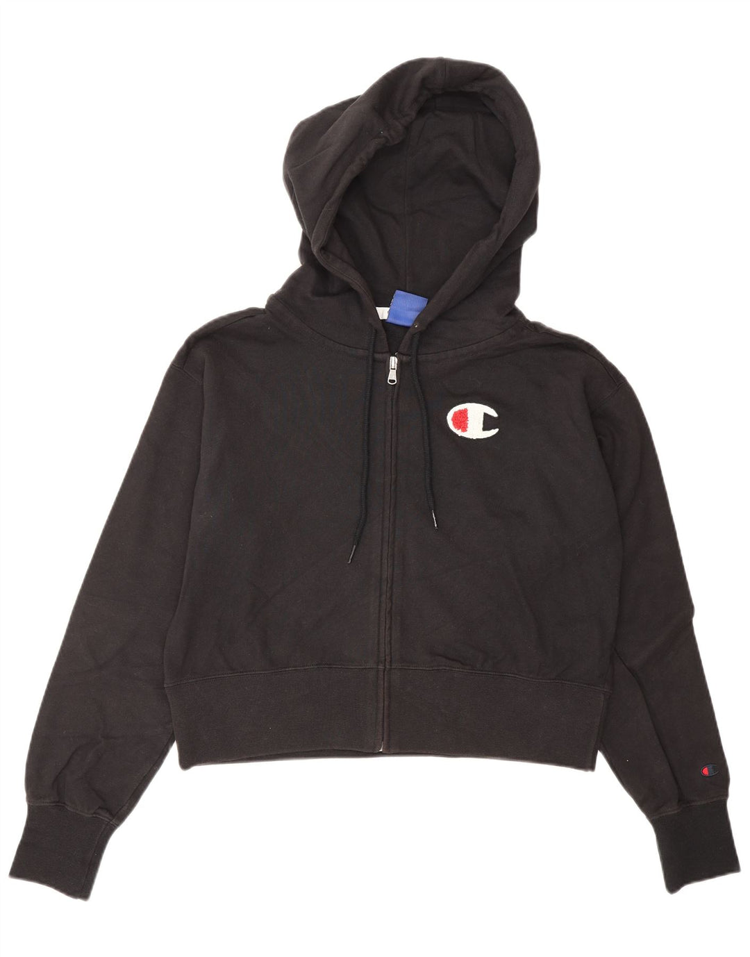 CHAMPION Maglione con cappuccio e zip corto oversize da donna UK 10 Piccolo cotone nero