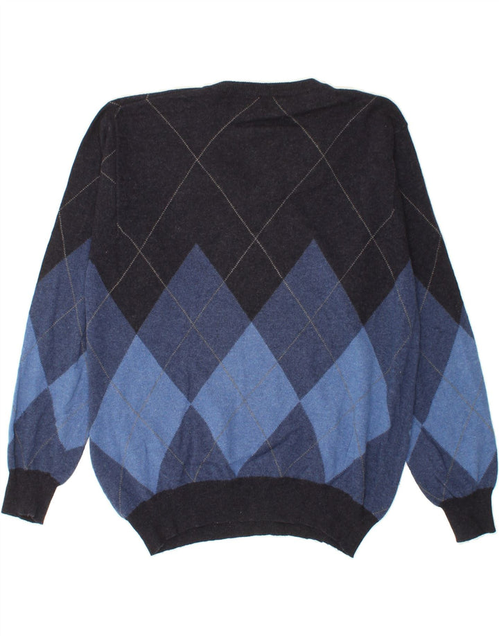 Maglione da uomo con scollo a V VINTAGE IT 52 Large Blu Navy Argyle/Diamante