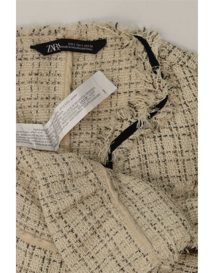 Giacca blazer aperta da donna Zara UK 10 piccolo poliestere a quadri beige