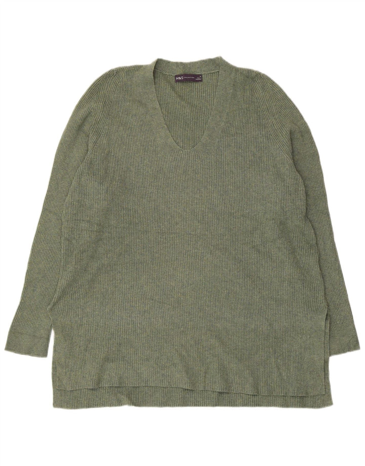 MARKS & SPENCER maglione da donna con scollo a V UK 16 grande poliestere verde
