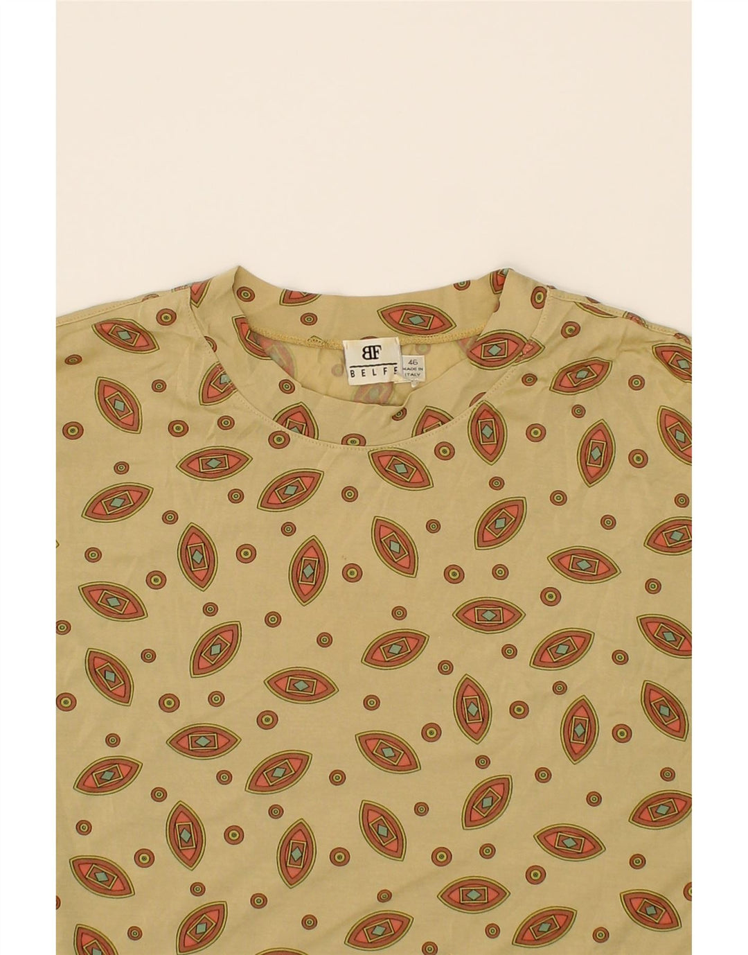 BELFE Womens Abstract Pattern T-Shirt Top IT 46 Large Beige Silk Vintage Belfe and Second-Hand Belfe from Messina Hembry 