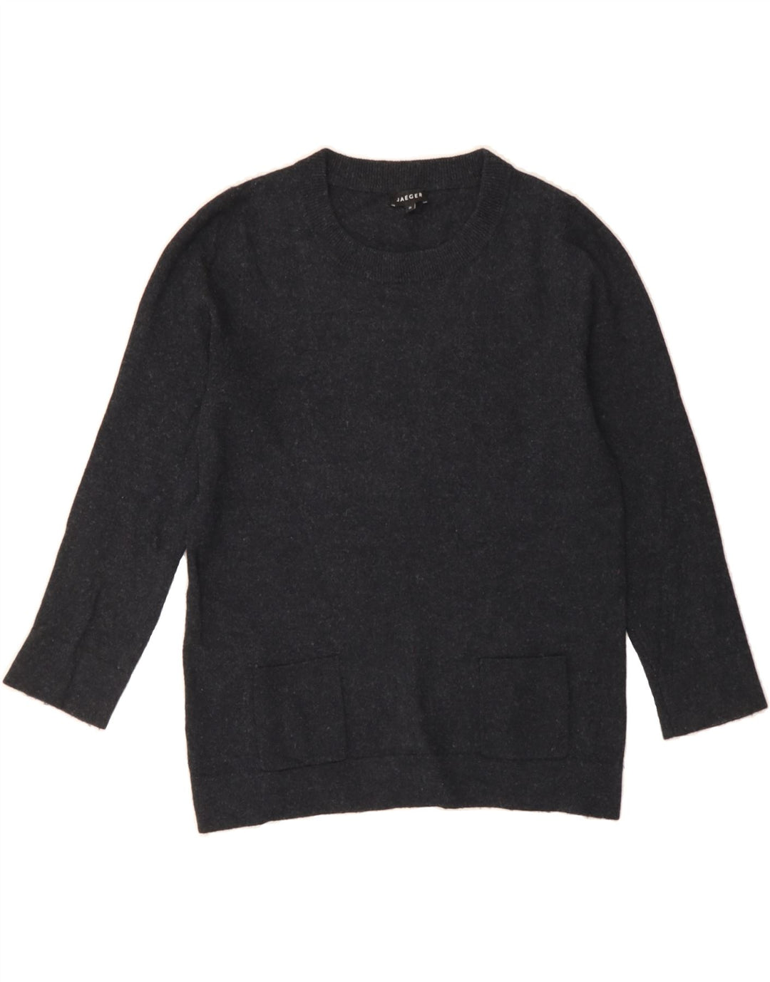 JAEGER Womens 3/4 Sleeve Crew Neck Jumper Sweater UK 12 Medium Grey Wool Vintage Jaeger and Second-Hand Jaeger from Messina Hembry 