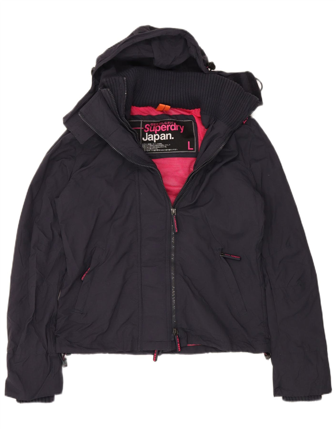 Giacca antipioggia con cappuccio grafica da donna SUPERDRY UK 16 grande nylon blu navy
