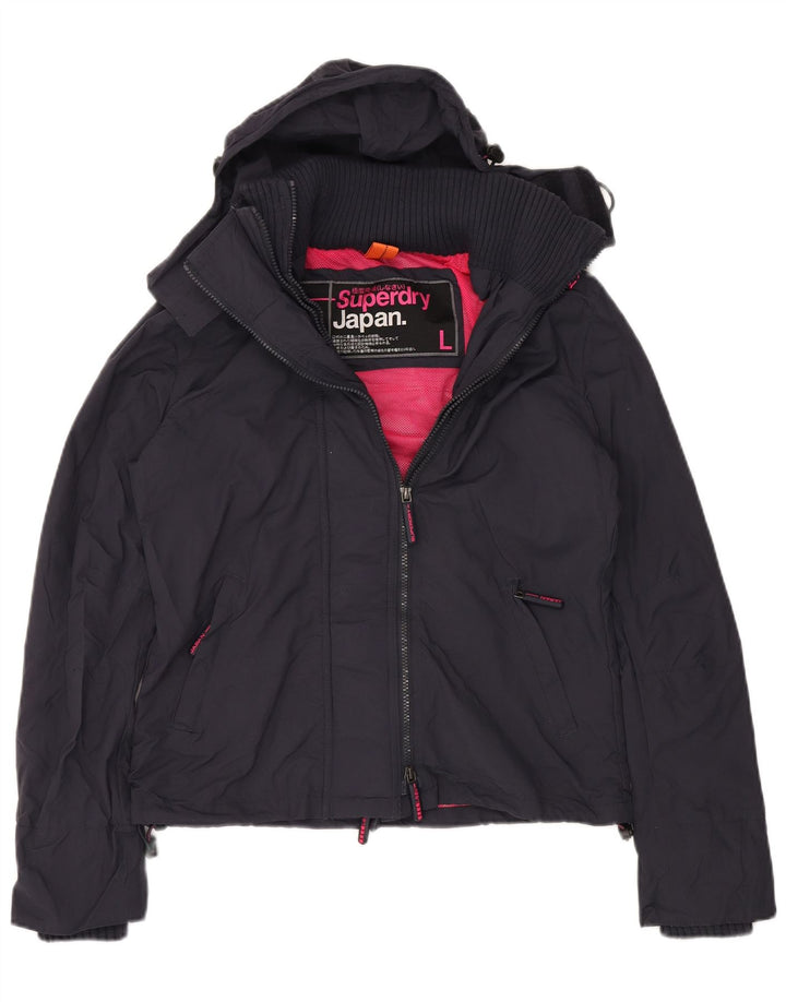 Giacca antipioggia con cappuccio grafica da donna SUPERDRY UK 16 grande nylon blu navy