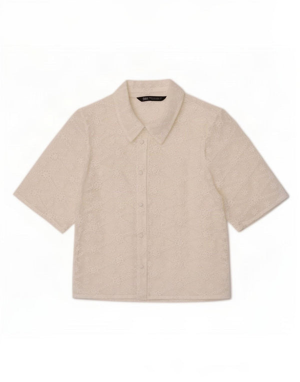 Zara Donna Crop Manica Corta Trasparente Camicia Camicetta UK 6 XS Bianco Floreale