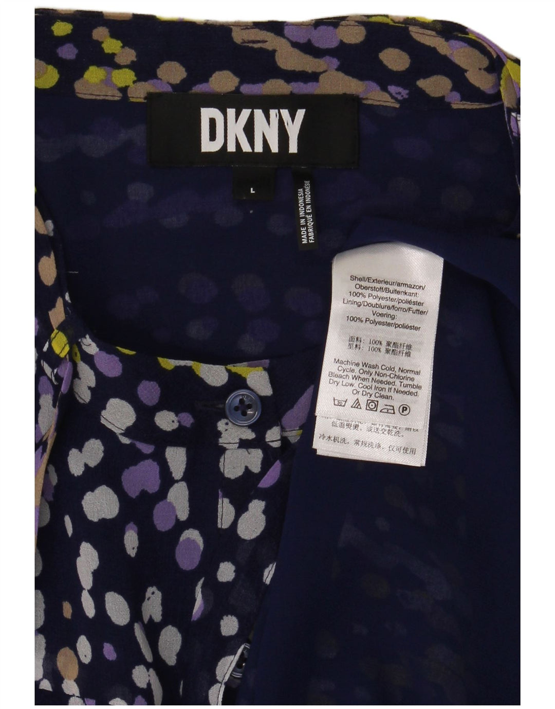 Dkny Camicia da donna con volant sul davanti, camicetta UK 16 grande blu navy maculato