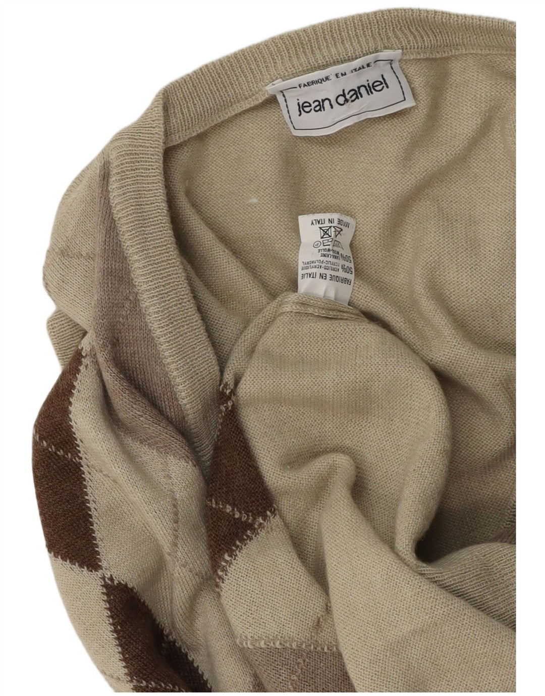 Canottiera vintage da uomo, canotta grande beige a rombi/acrilico con diamanti