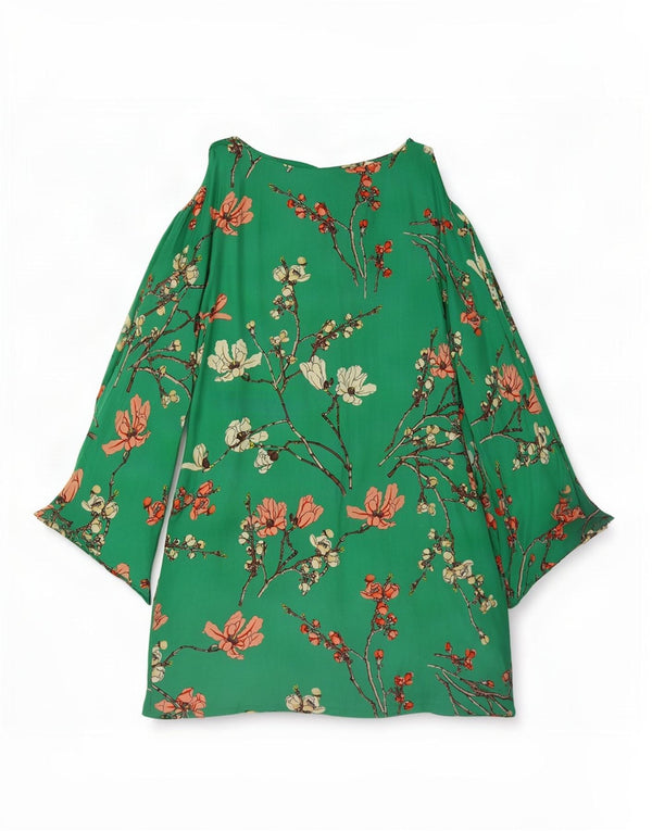 Abito a trapezio a maniche lunghe da donna Zara UK 12 Seta floreale verde medio
