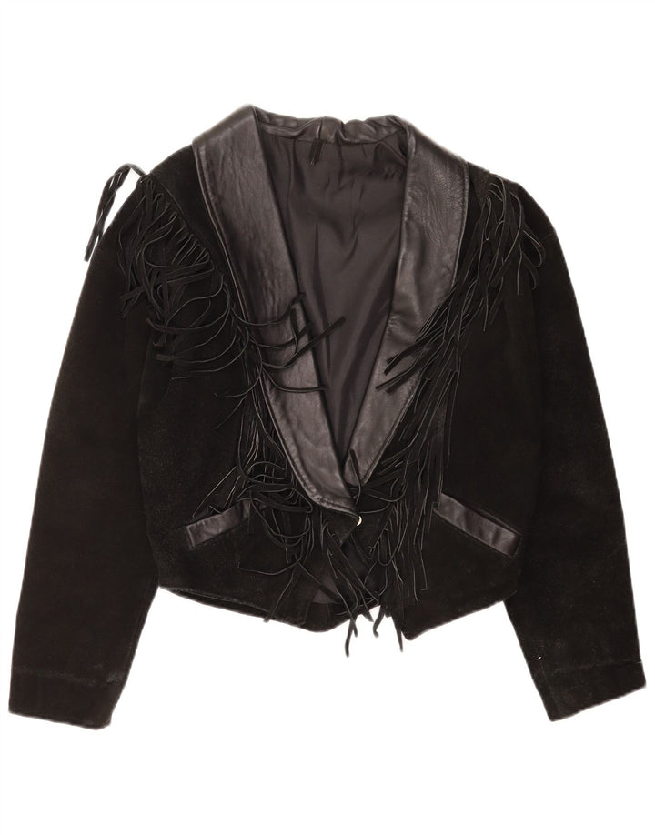 Giacca da donna vintage in pelle scamosciata western corta UK 14 media nera