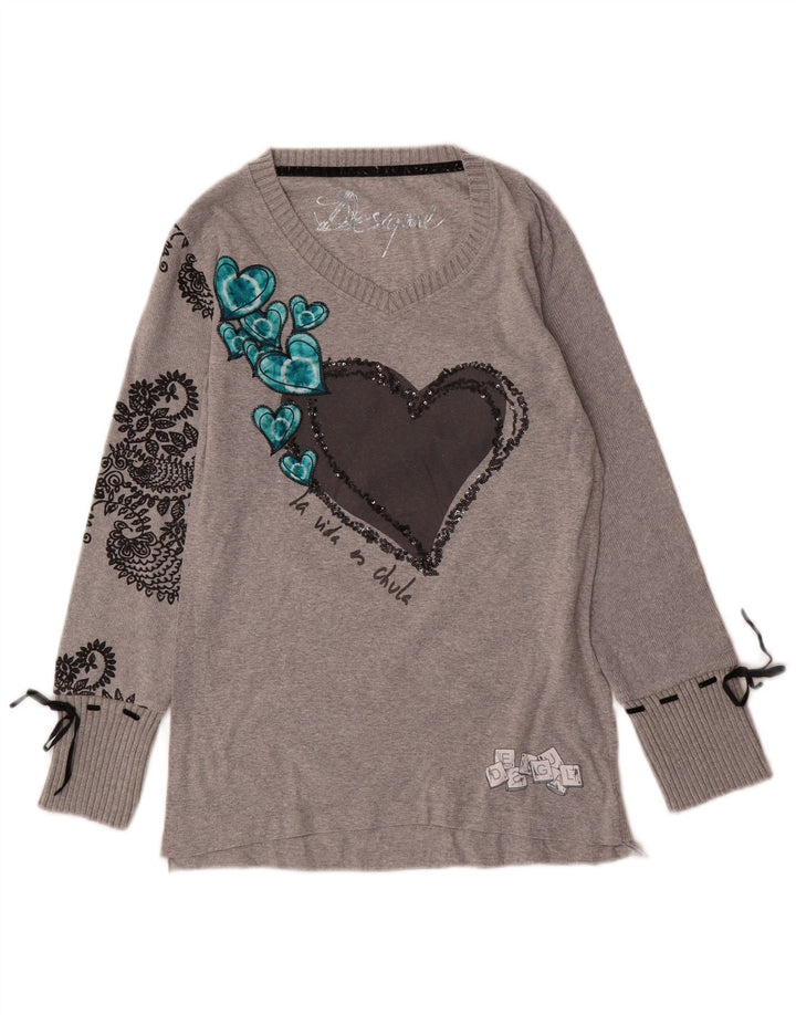 DESIGUAL Top grafico da donna manica lunga UK 14 Grande cuore grigio Paisley