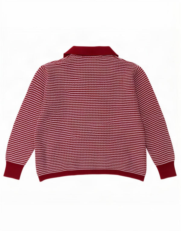 Maglione vintage da donna con collo a polo UK 14 grandi righe bordeaux