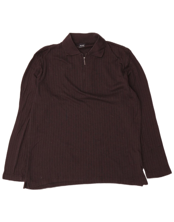 Polo da uomo a maniche lunghe Hugo Boss in cotone a righe marrone medio
