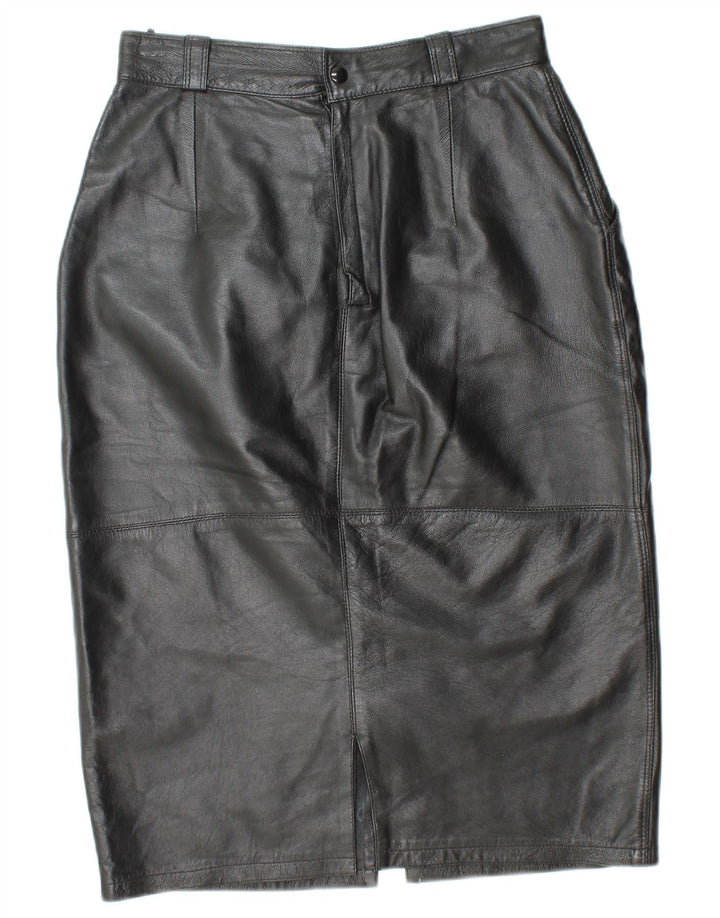 Gonna in pelle a vita alta da donna VINTAGE IT 44 media W26 in pelle nera