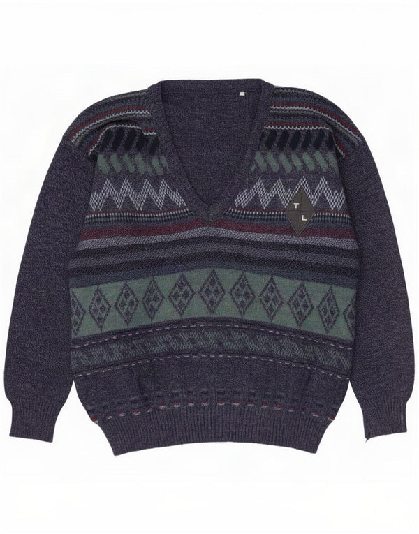 Vintage Mens V-Neck Jumper Sweater Large Navy Blue Argyle/Diamond Wool