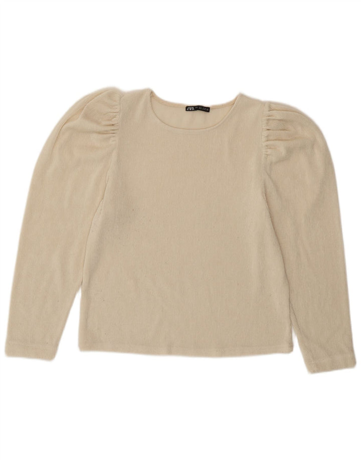 Top Zara da donna in velluto a maniche lunghe, camicetta UK 14 grande beige