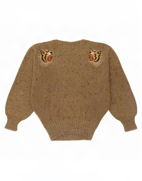 Maglione maglione con scollo a barca da donna vintage UK 10 piccola stampa animalier beige