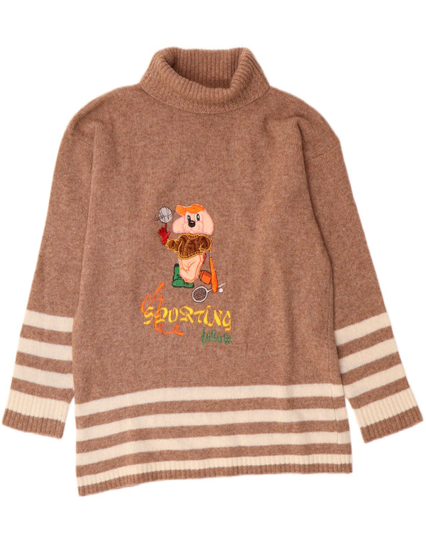 Maglione vintage da donna con collo alto e collo lungo, UK 14, a righe marrone medio