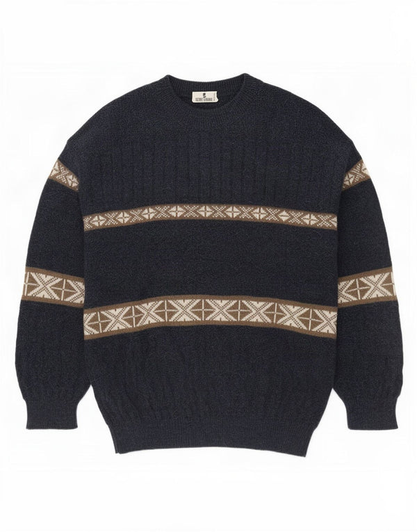 Maglione vintage da uomo con collo alto e collo alto, blu navy medio, Fair Isle