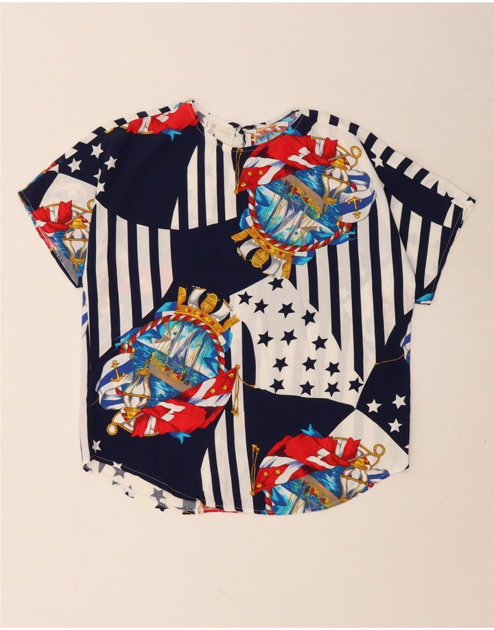 Top camicetta da donna VINTAGE UK 10/12 Blocco colore blu navy medio