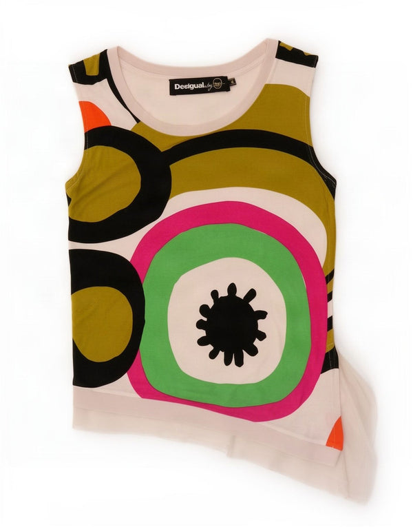 Desigual Donna Canotta Asimmetrica Top UK 12 Medio Bianco Geometrico