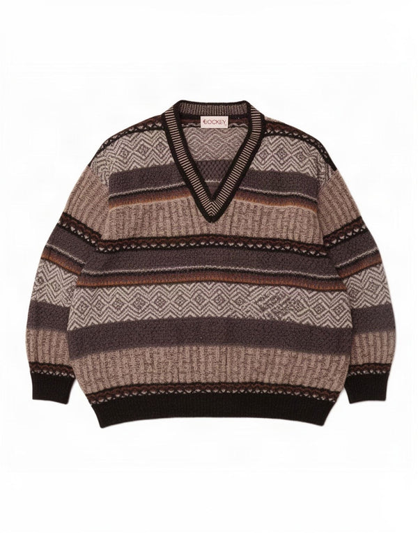 Maglione da uomo con scollo a V Jockey, maglione grande in lana a righe grigie