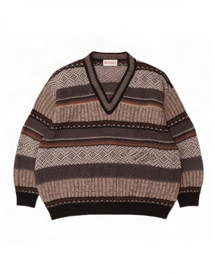 Maglione da uomo con scollo a V Jockey, maglione grande in lana a righe grigie