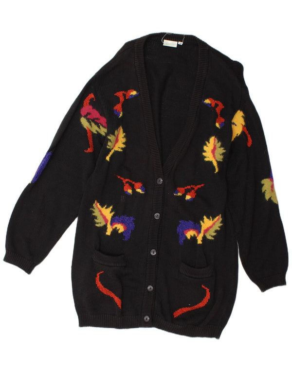 Maglione cardigan lungo da donna vintage UK 14 Novità floreale nera media