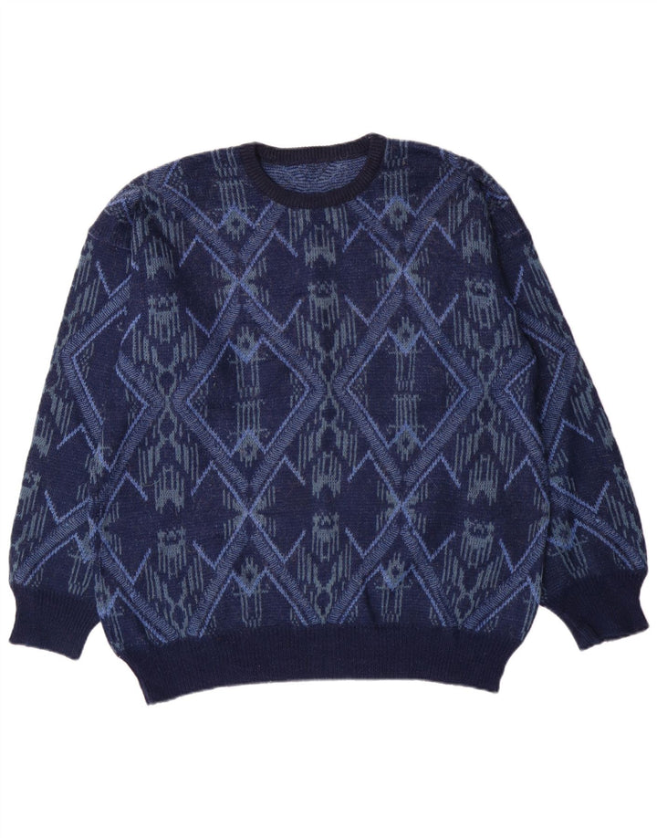 Maglione maglione girocollo vintage da uomo grande Fair Isle blu navy