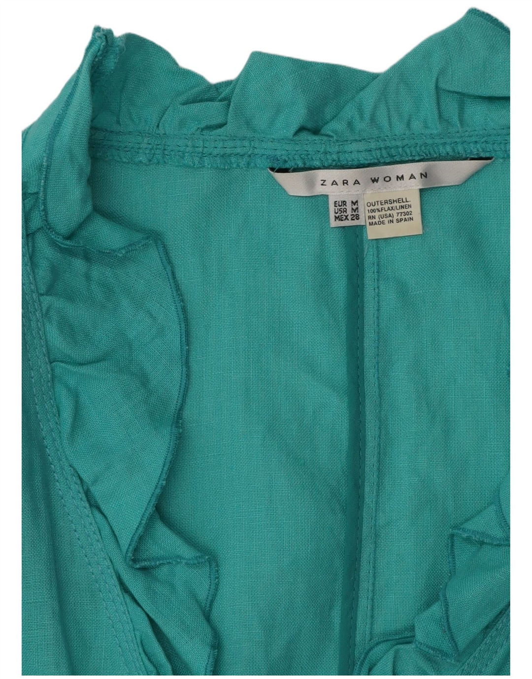 ZARA Womens Ruffle Front 3/4 Sleeve Blouse Top UK 12 Medium Turquoise