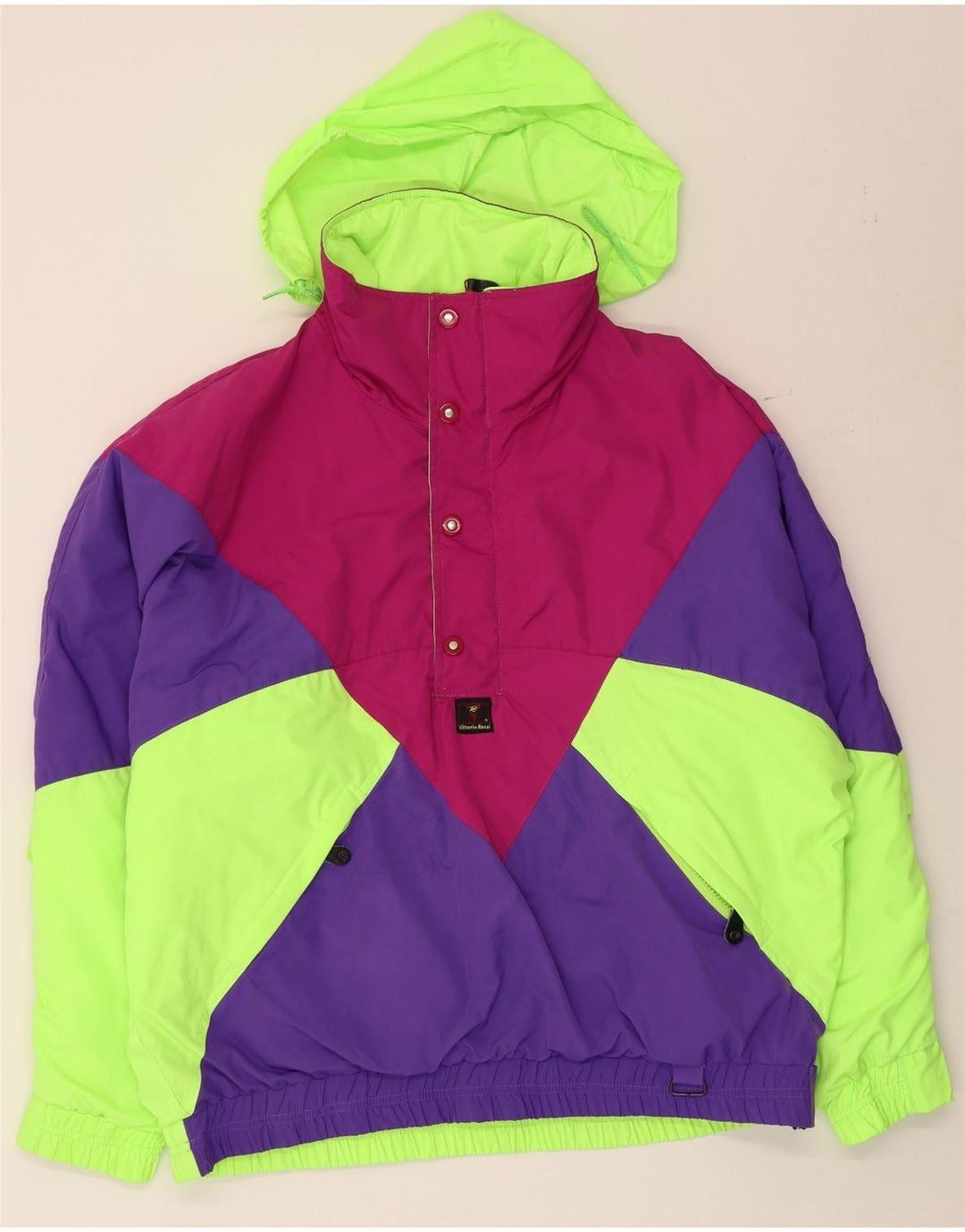 Giacca anorak vintage da uomo con cappuccio IT 50 grande blocco di colori multicolore