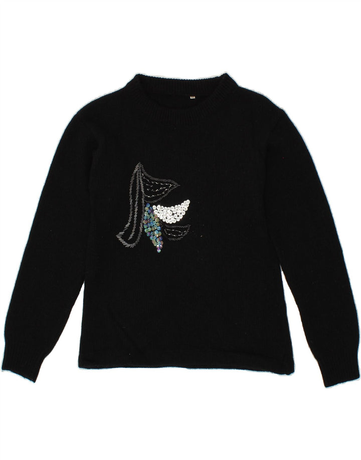 VINTAGE Womens Graphic Boat Neck Jumper Sweater IT 46 Large Black Vintage Vintage and Second-Hand Vintage from Messina Hembry 