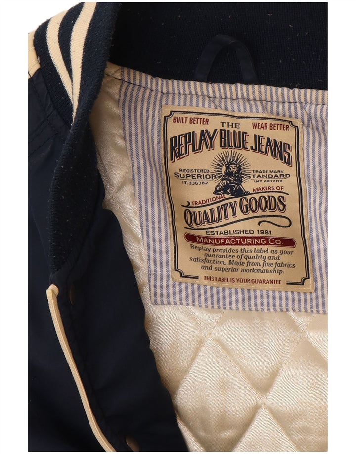 REPLAY Giacca college grafica da uomo UK 38 Blocco colore blu navy medio