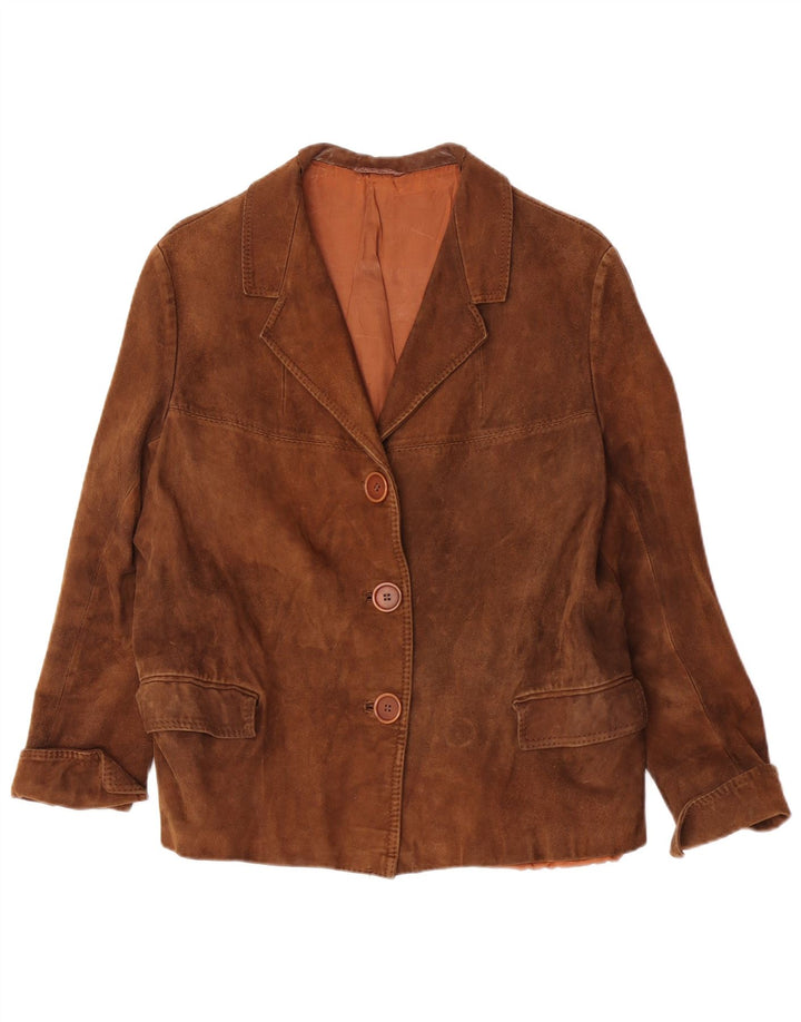 Giacca blazer vintage da donna in pelle scamosciata a 3 bottoni taglia 14 marrone medio classico