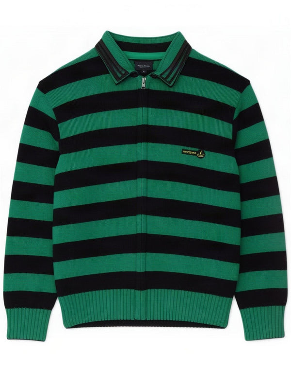 Maglione cardigan reversibile da uomo Navigare in lana vergine a righe verde medio