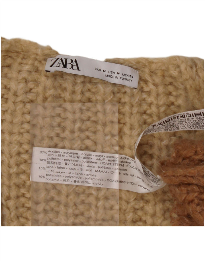 ZARA Maglione Oversize da Donna con Scollo a V UK 14 Beige Medio a Righe