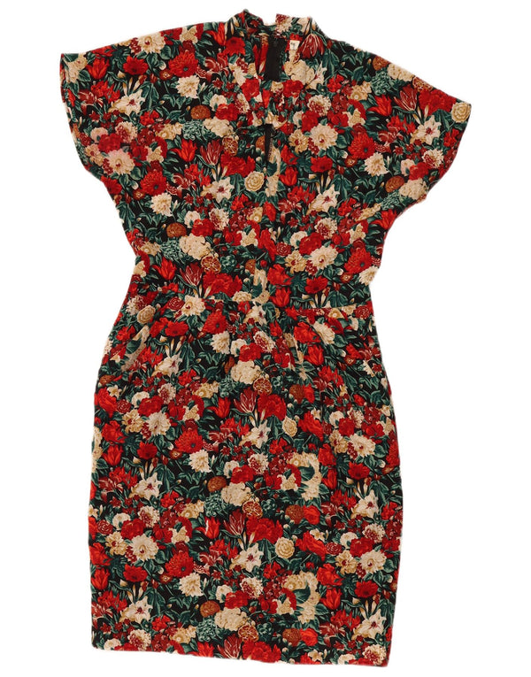 Abito tubino vintage da donna IT 46 grande seta floreale multicolore
