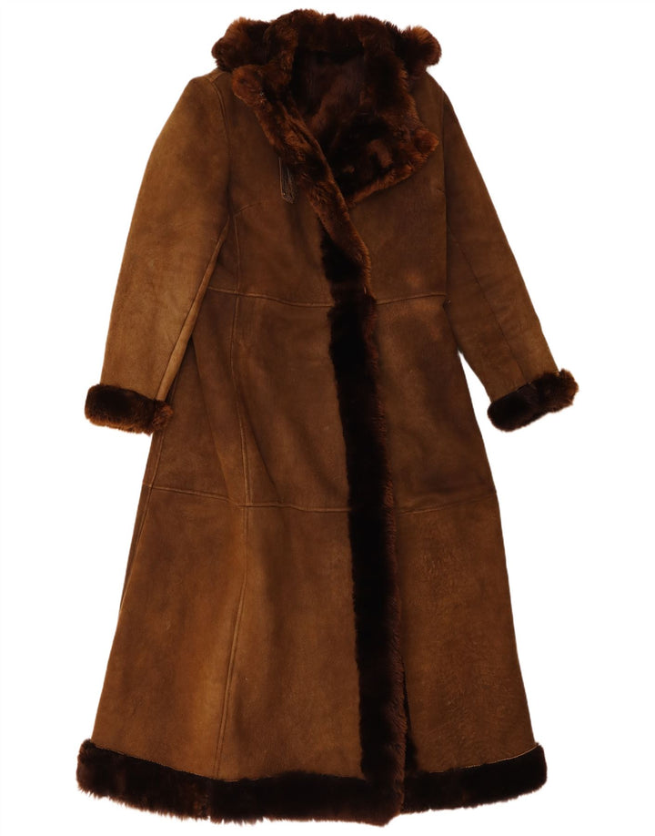 Cappotto in shearling con cappuccio da donna vintage UK 8 piccolo marrone