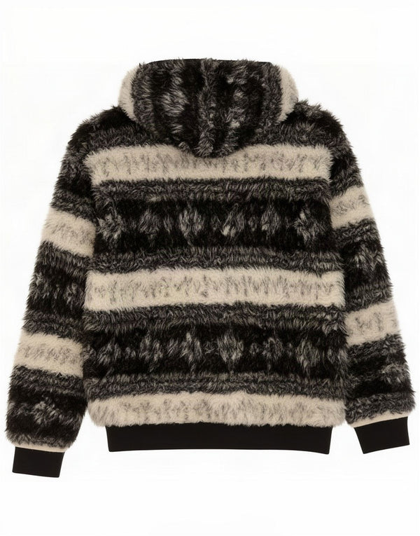 Giacca in pile con cappuccio da donna vintage UK 14 Medium Black Striped