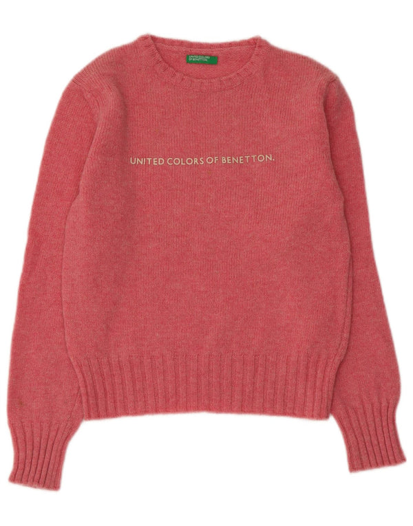 BENETTON Womens Crop Graphic Boat Neck Jumper Sweater UK 8 Small Pink